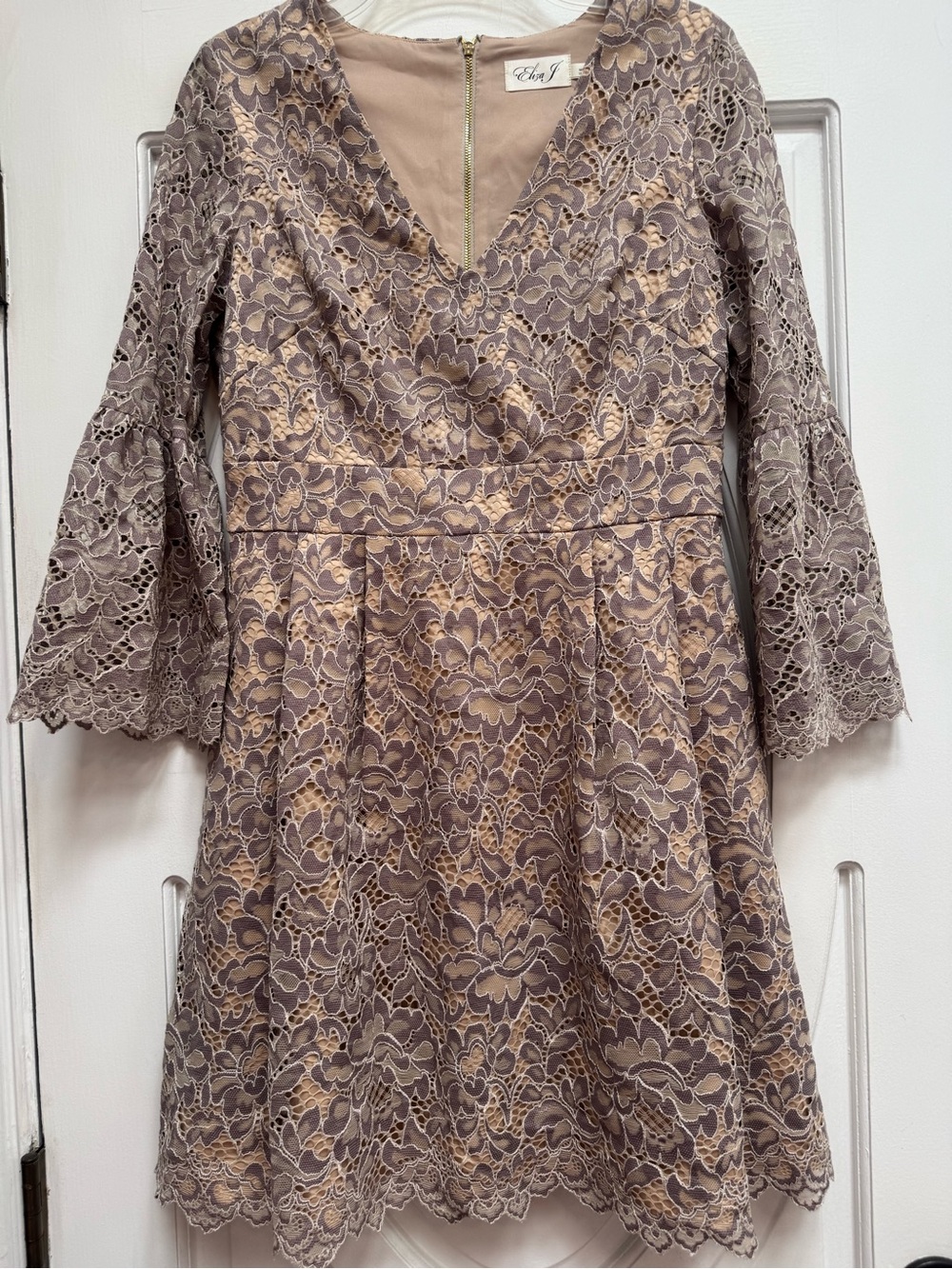 Eliza J Taupe Lace Dress with Nude Underlay Elegant Fitted Lined